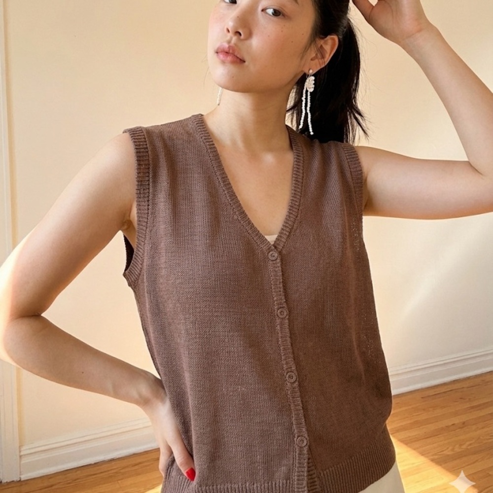 Parfois Knit Button-Front Vest – Brown Lightweight Sweater Vest – Size XS/S